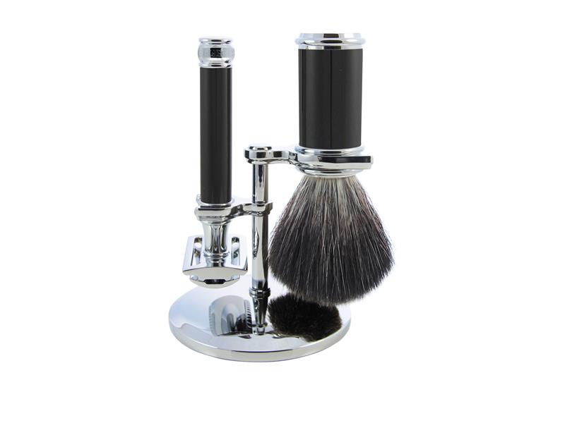 Edwin Jagger 3pc Set - DE Razor Ebony Shaving Brush Black Synthetic