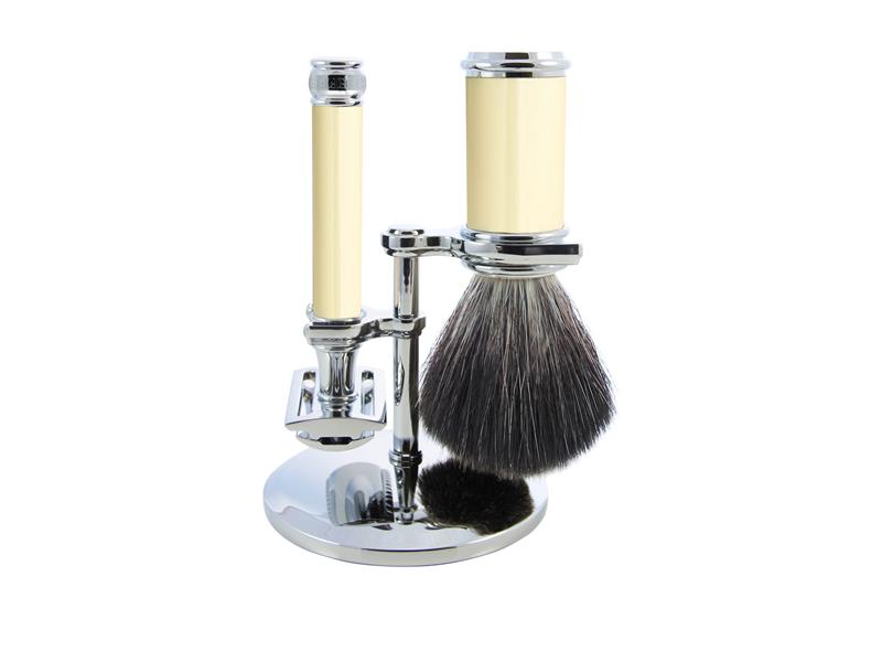 Edwin Jagger 3pc Set - DE Razor Ivory Shaving Brush Black Synthetic